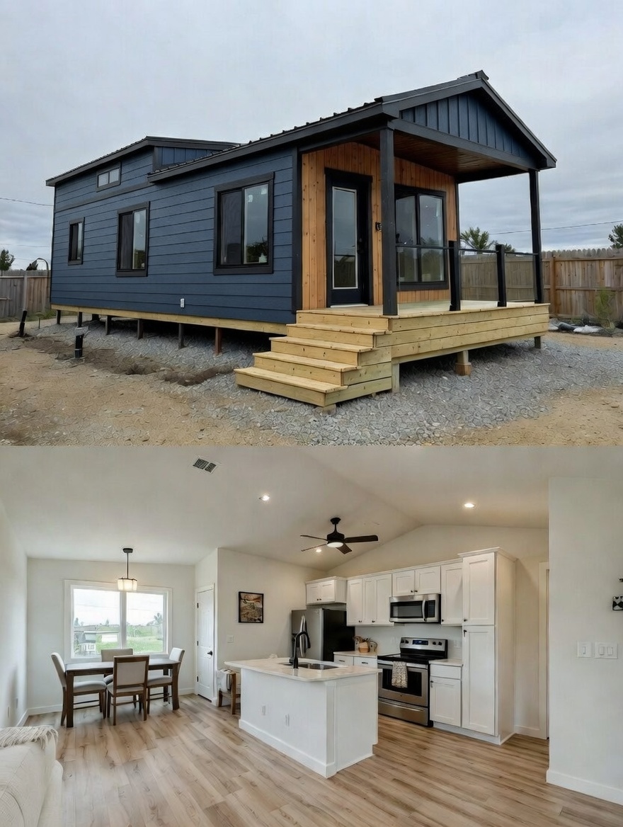 Modern luxury park model tiny home featuring a navy blue vertical board and batten exterior with natural cedar wood accents, a black metal roof, and a spacious covered front porch with a wood-plank deck. This premium architectural design is paired with a bright, open-concept interior showcasing a vaulted ceiling with a black ceiling fan, high-end wide-plank flooring, and a contemporary white kitchen with a large island and stainless steel appliances, perfectly capturing a sophisticated and space-efficient small home lifestyle for luxury prefab or custom mobile living.
