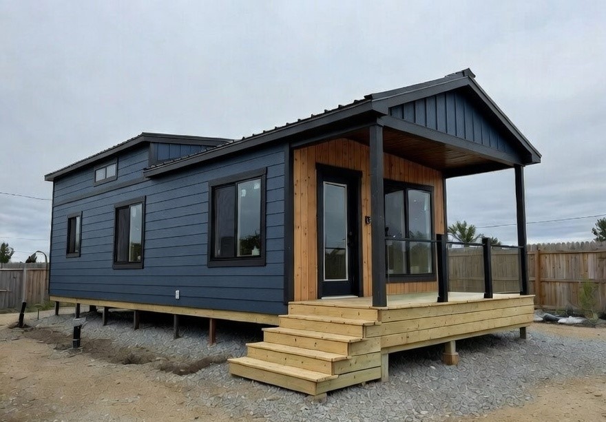 Modern luxury park model tiny home featuring a sophisticated dark navy blue exterior with vertical board and batten accents, a durable black metal roof, and a prominent covered front porch with natural cedar wood siding. The contemporary architectural design includes energy-efficient black-trimmed windows, an integrated wooden deck with matching stairs, and a sleek glass-panel entry door, offering a premium and stylish small-space living solution with exceptional curb appeal for a high-end modular or custom-built mobile home.