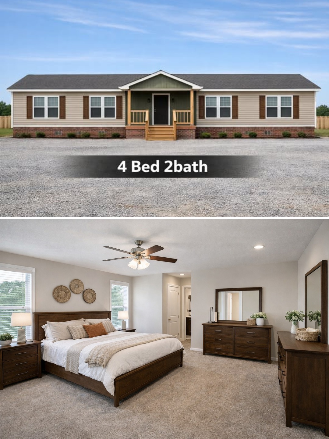 Modern luxury 4-bedroom 2-bath manufactured home featuring a tan horizontal lap siding exterior with a green gabled porch and brick foundation, paired with a spacious master bedroom interior showcasing warm wood furniture, a king-sized bed, plush carpeting, and contemporary neutral decor for a high-end move-in ready residential property.