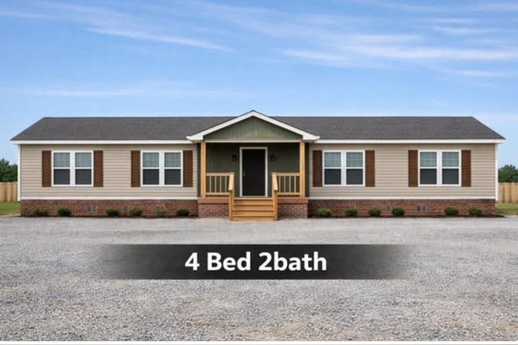 Modern luxury 4-bedroom manufactured home exterior featuring a spacious double-wide floor plan with tan horizontal lap siding, a central green gabled entry porch with natural wood railings, and brown shutters on multiple large energy-efficient windows, set on a professional brick foundation for a move-in ready turn-key residential property.