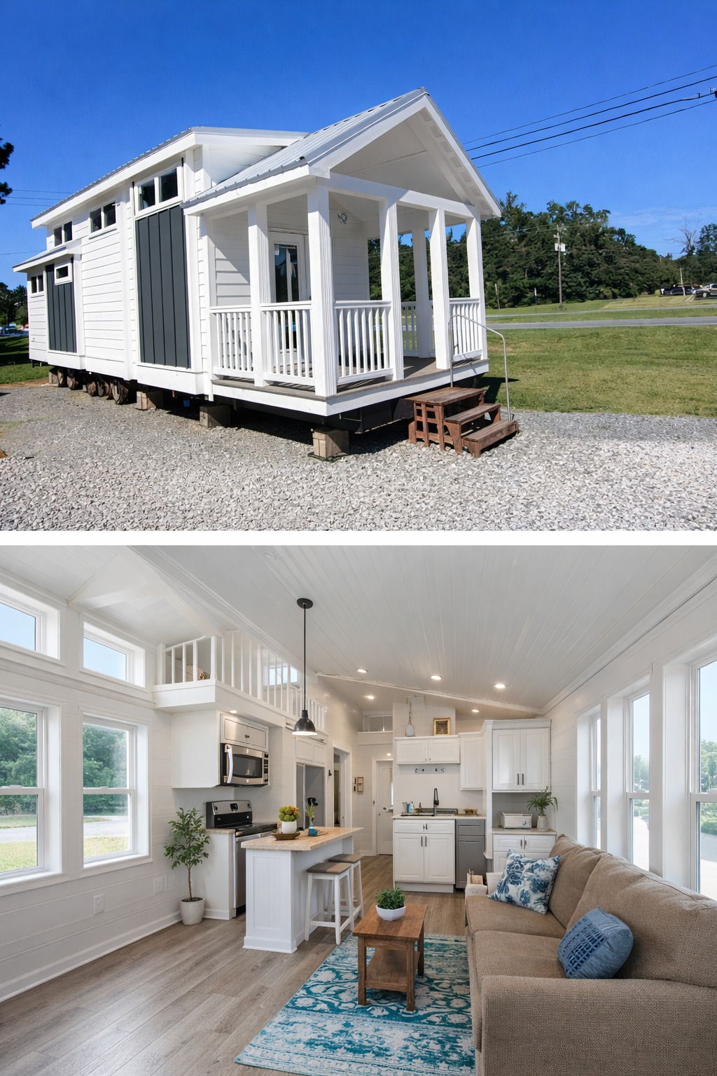 High-ranking SEO-optimized gallery of modern luxury tiny homes and park model cottages, featuring a sleek white exterior with a spacious gabled porch and a navy blue model with natural wood decking; the comprehensive collection showcases premium interior designs including a gourmet kitchen with white shaker cabinets, a cozy living room with vaulted wood-plank ceilings and a stone fireplace, a spa-like bathroom with a custom walk-in tile shower and matte black fixtures, and a bright, open-concept studio with a sleeping loft, emphasizing high-end small-space living, innovative architectural design, and contemporary home decor for maximum search visibility.