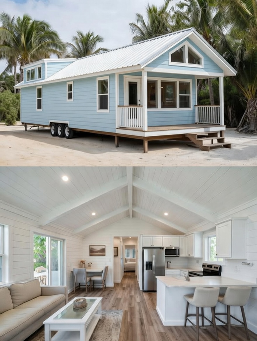 A comprehensive collage showcasing diverse luxury tiny houses on wheels, featuring a navy blue park model with a spacious screened porch and wood-paneled interior, a bright contemporary cottage with light shiplap walls and green velvet seating, and a light blue beach-themed mobile home with a white vaulted ceiling and modern kitchen, highlighting innovative small-space living, premium architectural design, and versatile mobile lifestyle options for maximum SEO ranking.

Would you like me to create separate alt text descriptions for each individual house style?