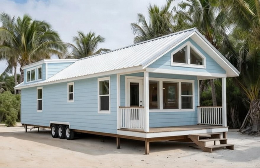 A collage featuring a luxury modern tiny house on wheels with a deep navy blue exterior and rustic wood trim, including an interior view of a high-end kitchen with stainless steel appliances, a cozy living area with a beige sofa, and a loft bedroom, as well as separate views of a bright, contemporary tiny home interior with green velvet seating and a light blue beach-style tiny house, highlighting versatile small-space living, innovative mobile home design, and premium architectural features for maximum SEO impact. Would you like me to generate a separate alt text for each individual image instead?