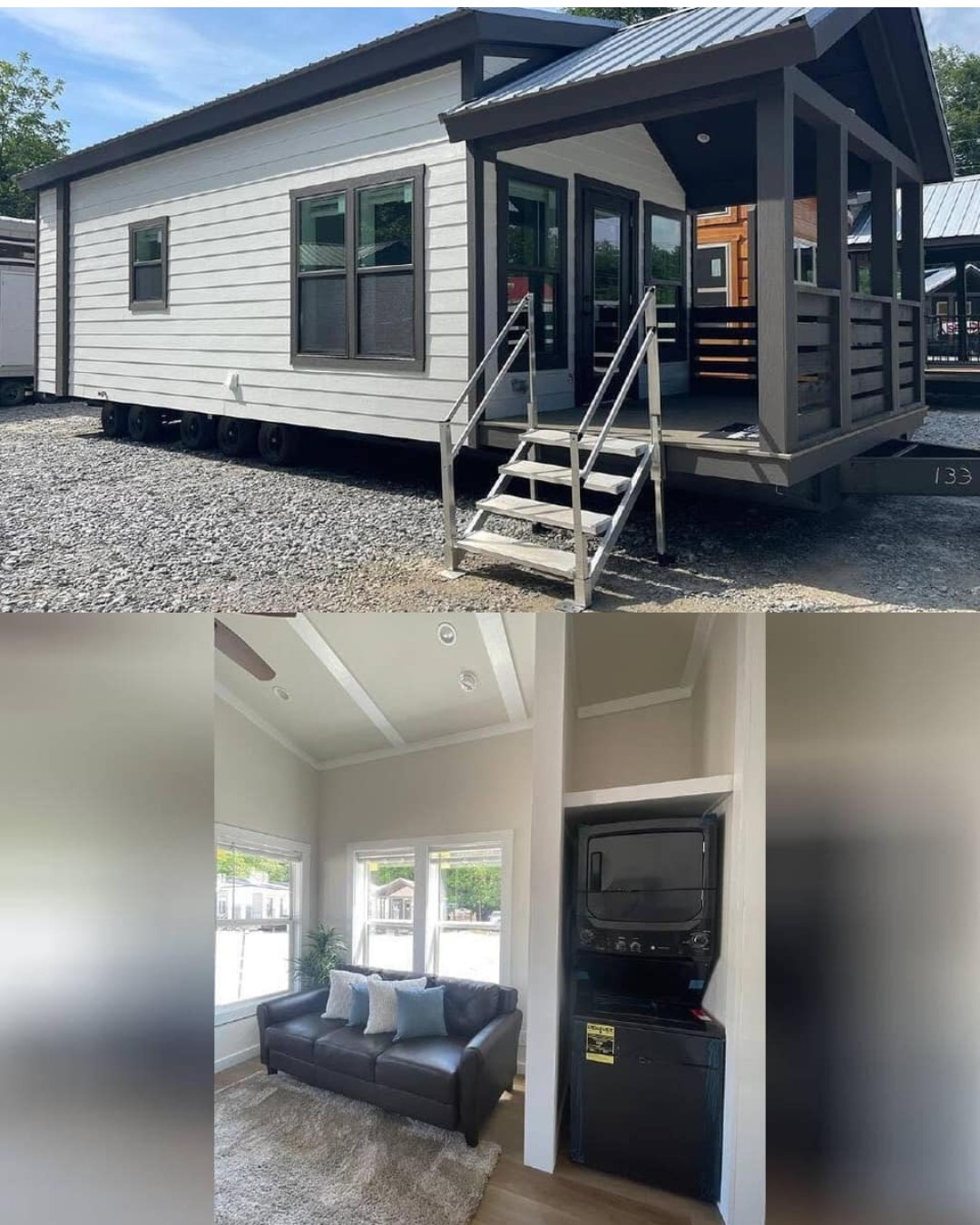 Modern luxury tiny home for sale featuring a dual-view showcase of a high-end white horizontal siding exterior with a dark-trimmed gabled porch and integrated privacy slats, paired with a bright interior living space including a dark leather sofa, plush area rug, and a space-saving stacked washer-dryer unit for a sophisticated 100% move-in ready turn-key residential design.