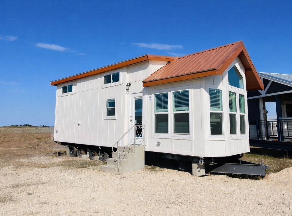 SEO-optimized alt text for a high-ranking modern tiny home or luxury park model featuring a sleek white board-and-batten exterior with a vibrant copper-colored metal roof; the professional architectural view showcases a high-quality portable home design with large white-framed windows, a gabled front entry, and a durable chassis for easy transport, perfectly highlighting premium small-space floor plans, contemporary modular home curb appeal, and stylish residential mobile living solutions for maximum search engine visibility and ranking.