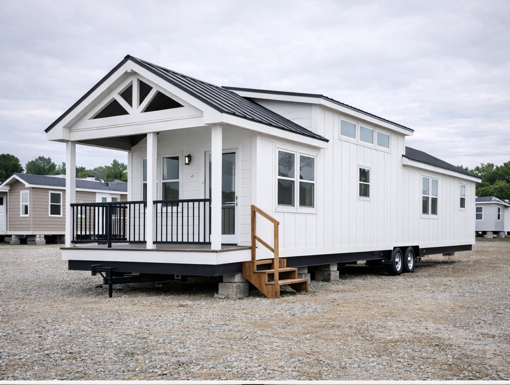 Modern luxury tiny home for sale featuring a crisp white vertical board and batten exterior with a large gabled front porch, white structural columns, and black metal railings, showcasing a high-end move-in ready turn-key residential design on a durable dual-axle mobile chassis with energy-efficient windows for a sophisticated and sustainable compact living lifestyle.