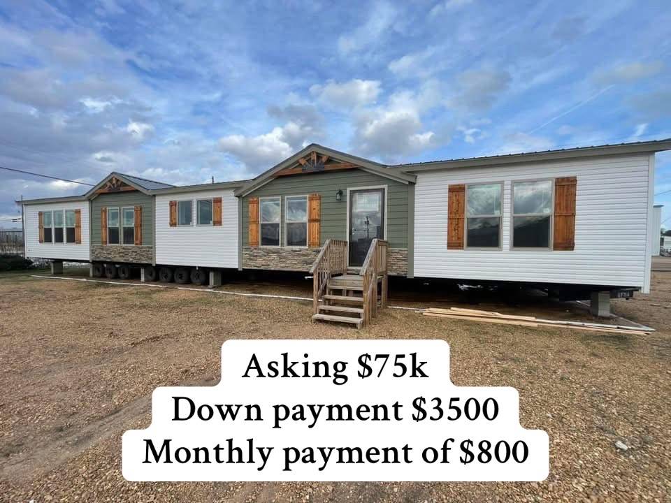 Wide mobile home with a mix of stone, green, and white siding, featuring wooden shutters. Text overlay states: Asking $75k, $3500 down, $800/month.