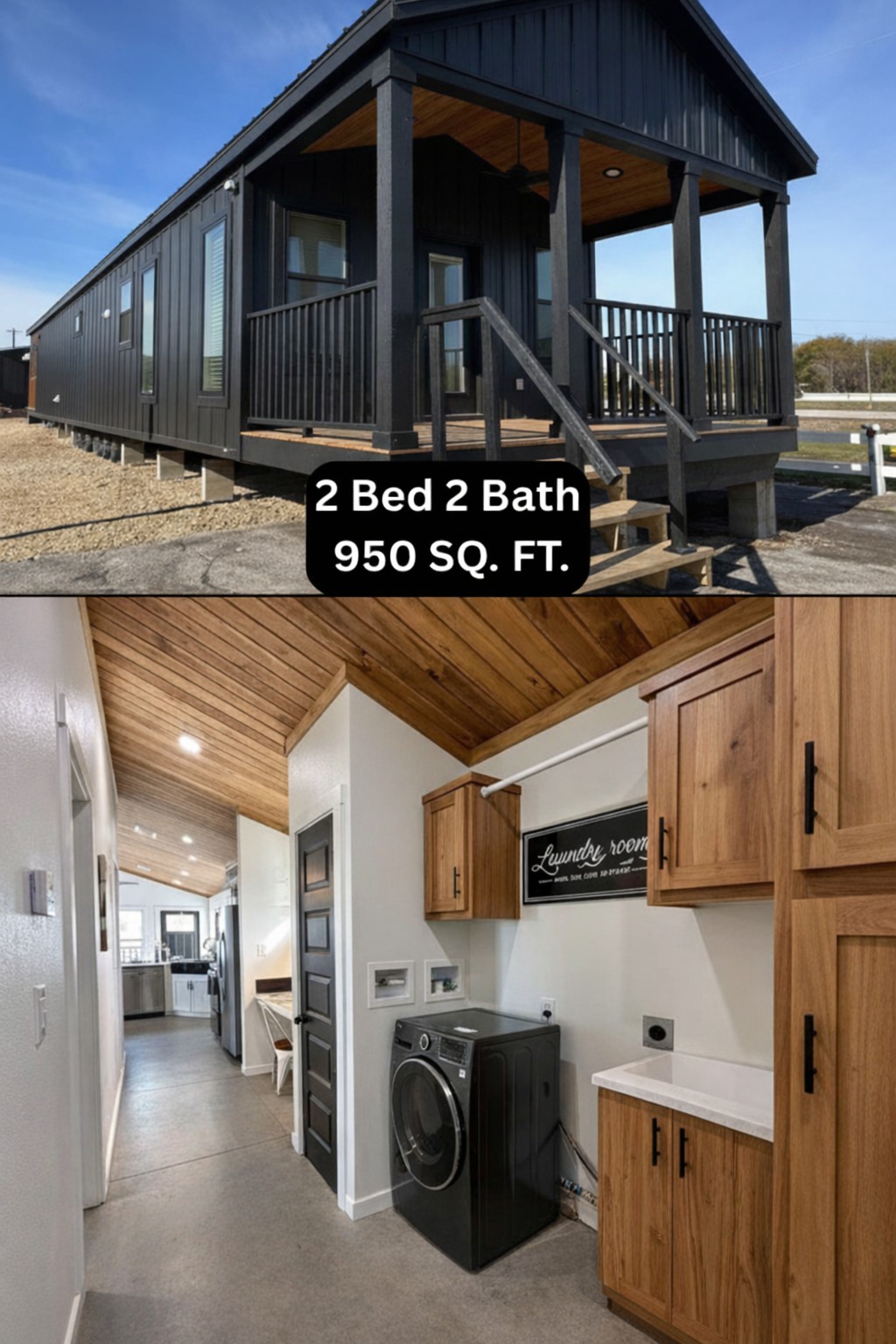 Alt text: "Image of a compact black tiny house with a porch, labeled '2 Bed 2 Bath 950 SQ. FT.' Interior view shows a hallway with wooden ceiling, a washer, and wood cabinets, conveying a cozy and modern design."