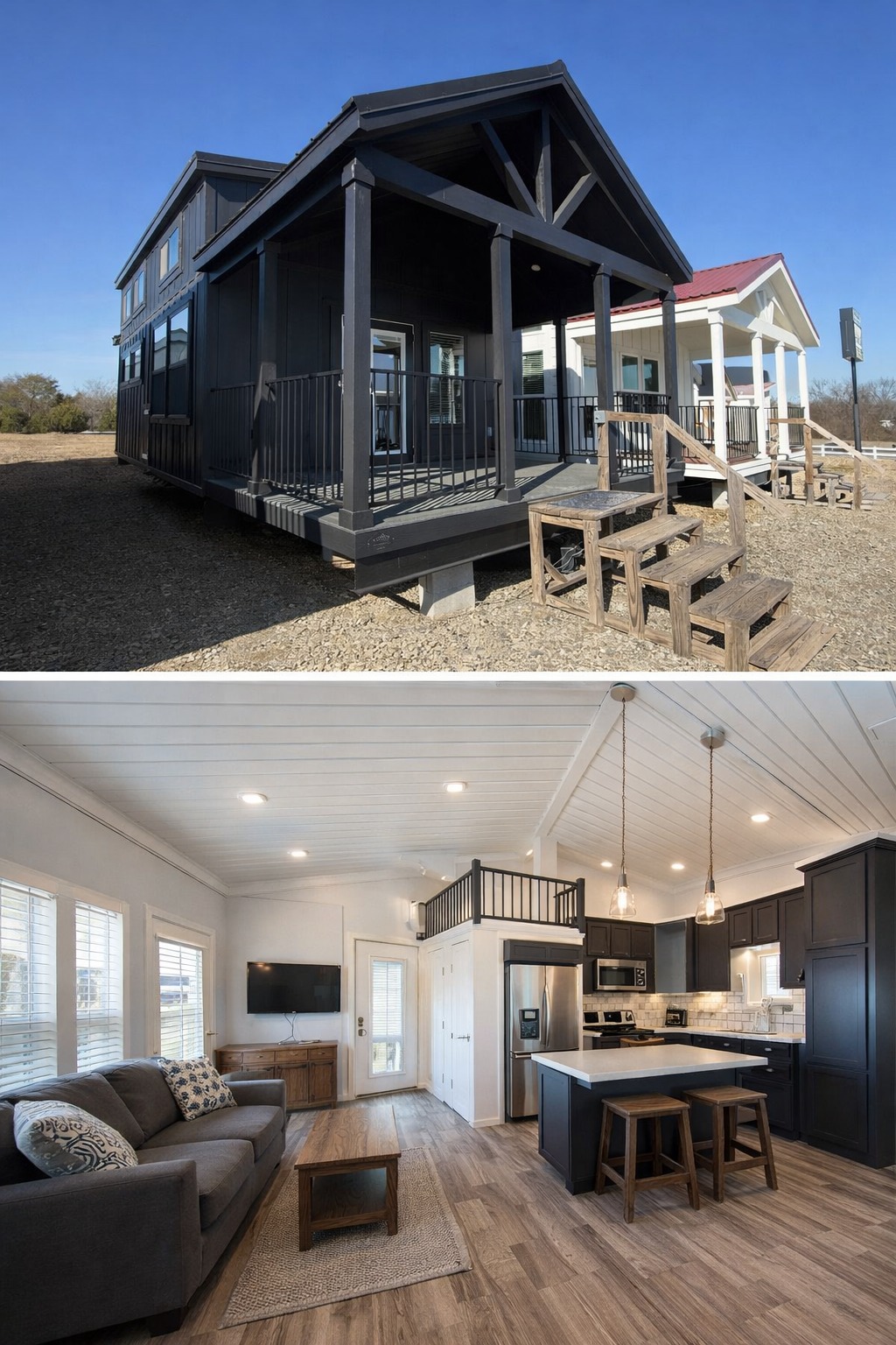 Two images: Top shows a modern black tiny house with a porch under a clear blue sky. Bottom reveals a cozy, stylish interior with a grey couch, kitchen island, and loft.