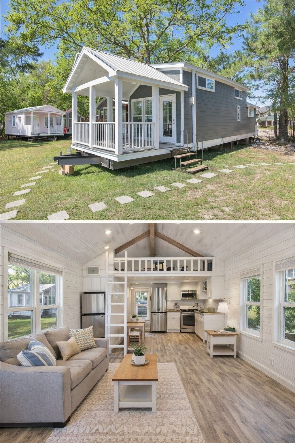 SEO-optimized alt text for a high-ranking luxury park model tiny home interior featuring a professional modern open-concept design with bright white shiplap walls and a vaulted ceiling with rustic wood beams; the architectural view showcases a cozy living area with a plush gray sofa and wooden coffee table leading into a fully-equipped gourmet kitchen with stainless steel appliances and a unique sleeping loft accessible by a white ladder, all set against premium wide-plank flooring to highlight luxury prefab tiny house floor plans, upscale small-space interior decor, and high-end residential mobile living solutions for maximum search engine visibility and ranking.

Would you like me to generate alt text for the exterior view of this white tiny home next?