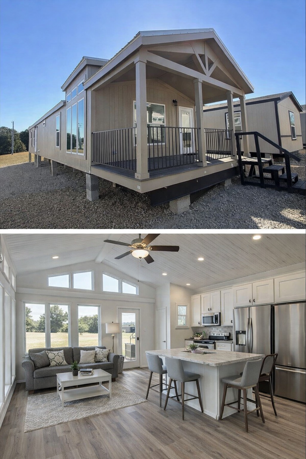 Luxury modern farmhouse tiny home on piers with expansive wraparound porch, black metal railings, vaulted gable roof with decorative braces, light taupe board and batten siding, large floor-to-ceiling windows flooding interior with natural light, spacious open-concept living area featuring vaulted shiplap ceiling, elegant ceiling fan, neutral gray luxury vinyl plank flooring, L-shaped kitchen with white shaker cabinets, quartz island countertop, stainless steel appliances, peninsula seating, cozy living room with sectional sofa and coffee table, panoramic views of countryside landscape – premium modular prefab tiny house design for comfortable off-grid or rural living