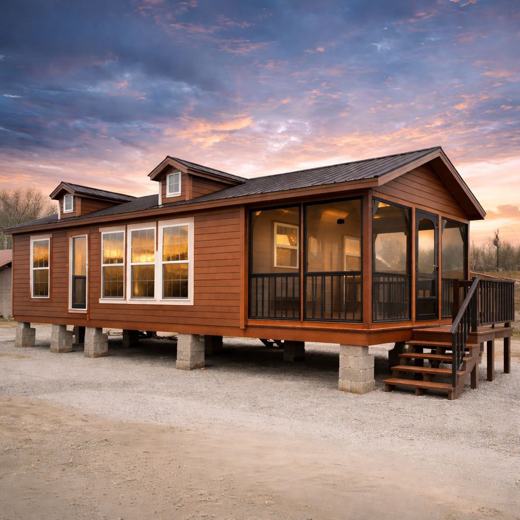 A modern tiny house with large windows and a screened porch stands elevated on blocks against a dramatic sunset sky, conveying warmth and tranquility.