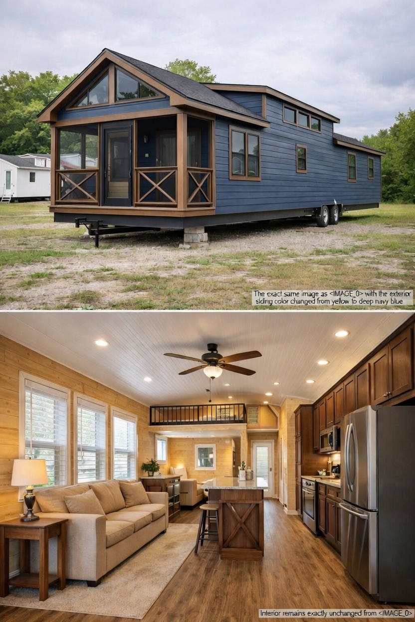 Modern luxury tiny house on wheels featuring a deep navy blue exterior with rustic wood trim and a spacious front porch, paired with a cozy interior view showing a high-end kitchen with stainless steel appliances, a comfortable living area with a beige sofa, and a loft bedroom, highlighting efficient small-space living and modern architectural design for maximum SEO impact.