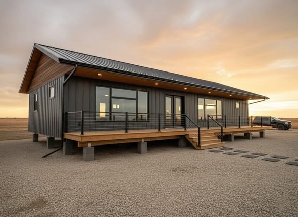 A modern single-story prefab home with dark vertical metal siding and wood accents, featuring a spacious wooden deck with black metal railings, large windows, and a black metal roof, set on concrete piers with a gravel yard and a sunset sky, showcasing contemporary rural architecture and energy-efficient design.