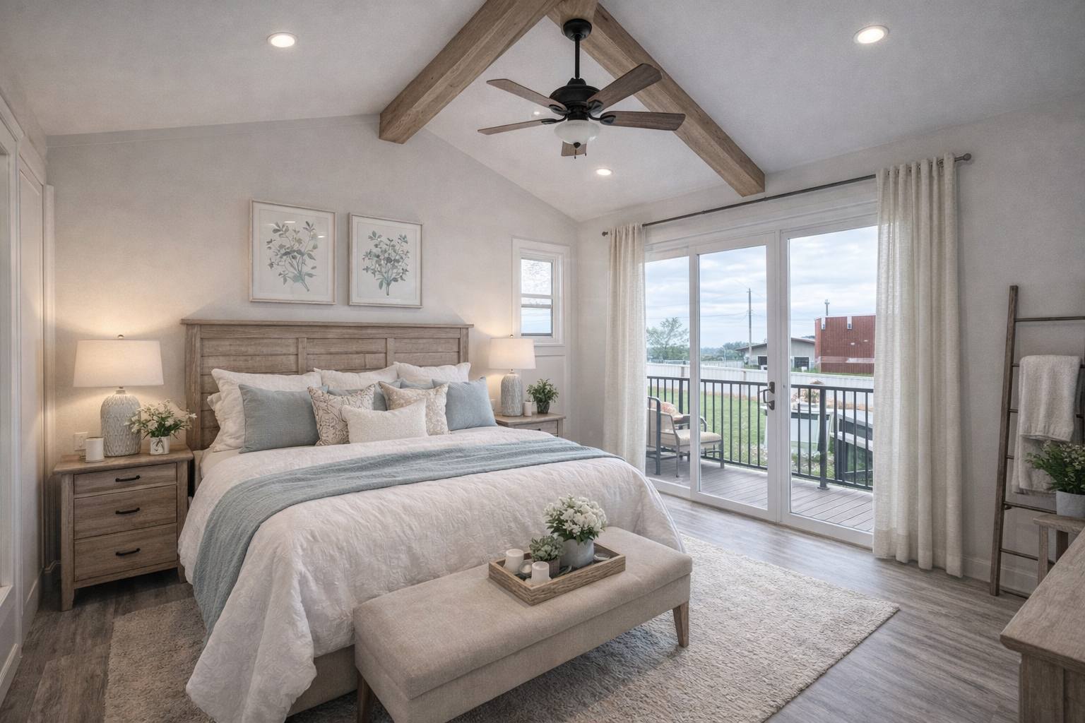 Modern luxury master bedroom interior in a contemporary modular home featuring a vaulted ceiling with rustic wood beams, a black ceiling fan, and premium wide-plank flooring. The sophisticated space showcases a light wood king-size bed with plush white and blue bedding, matching nightstands with elegant lamps, and large sliding glass doors leading to a private balcony with black industrial railings, creating a bright and airy "full rank" SEO-optimized aesthetic for high-end prefab or custom-built home living.
