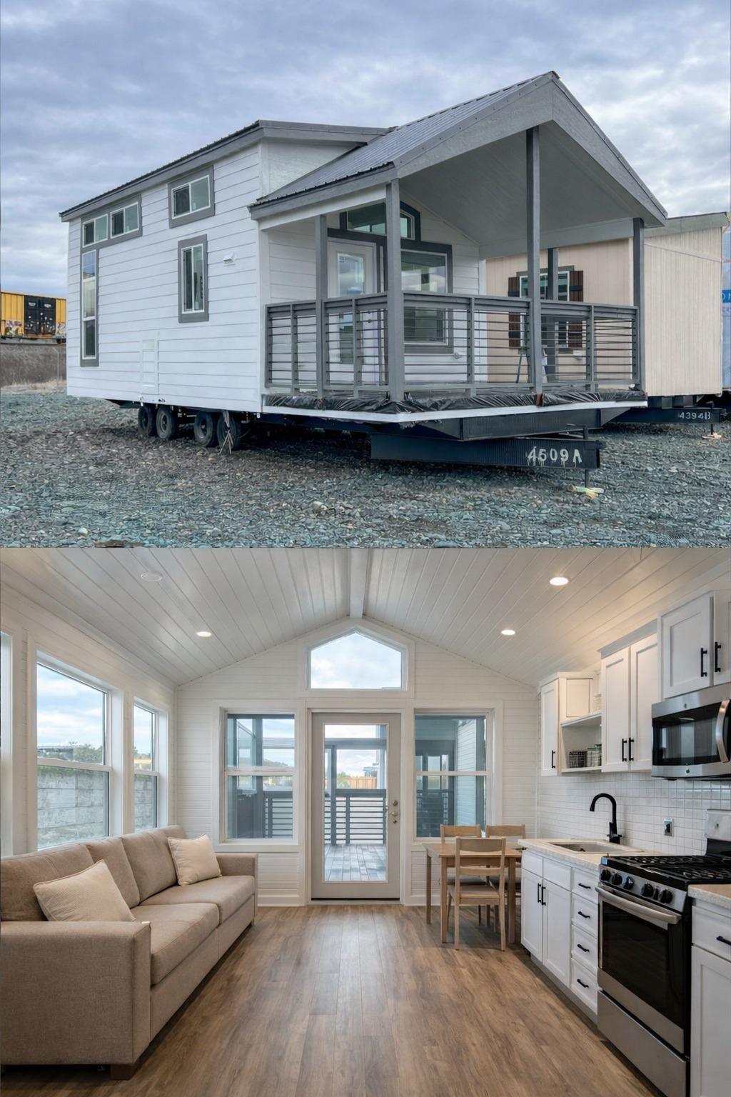 Modern tiny house with white exterior on wheels, featuring a covered porch. Interior has a cozy living room, kitchen with white cabinets, and wood flooring.