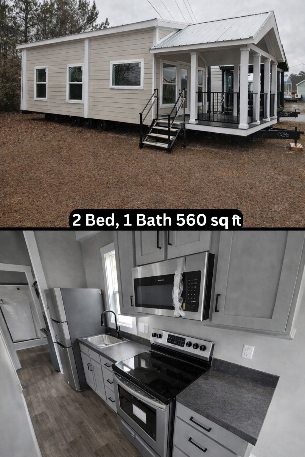 Exterior view of a beige modular tiny home with a white metal roof and a covered porch, next to an interior shot of a modern compact kitchen featuring gray cabinetry, stainless steel appliances including a refrigerator, microwave, and stove, and a dark countertop.