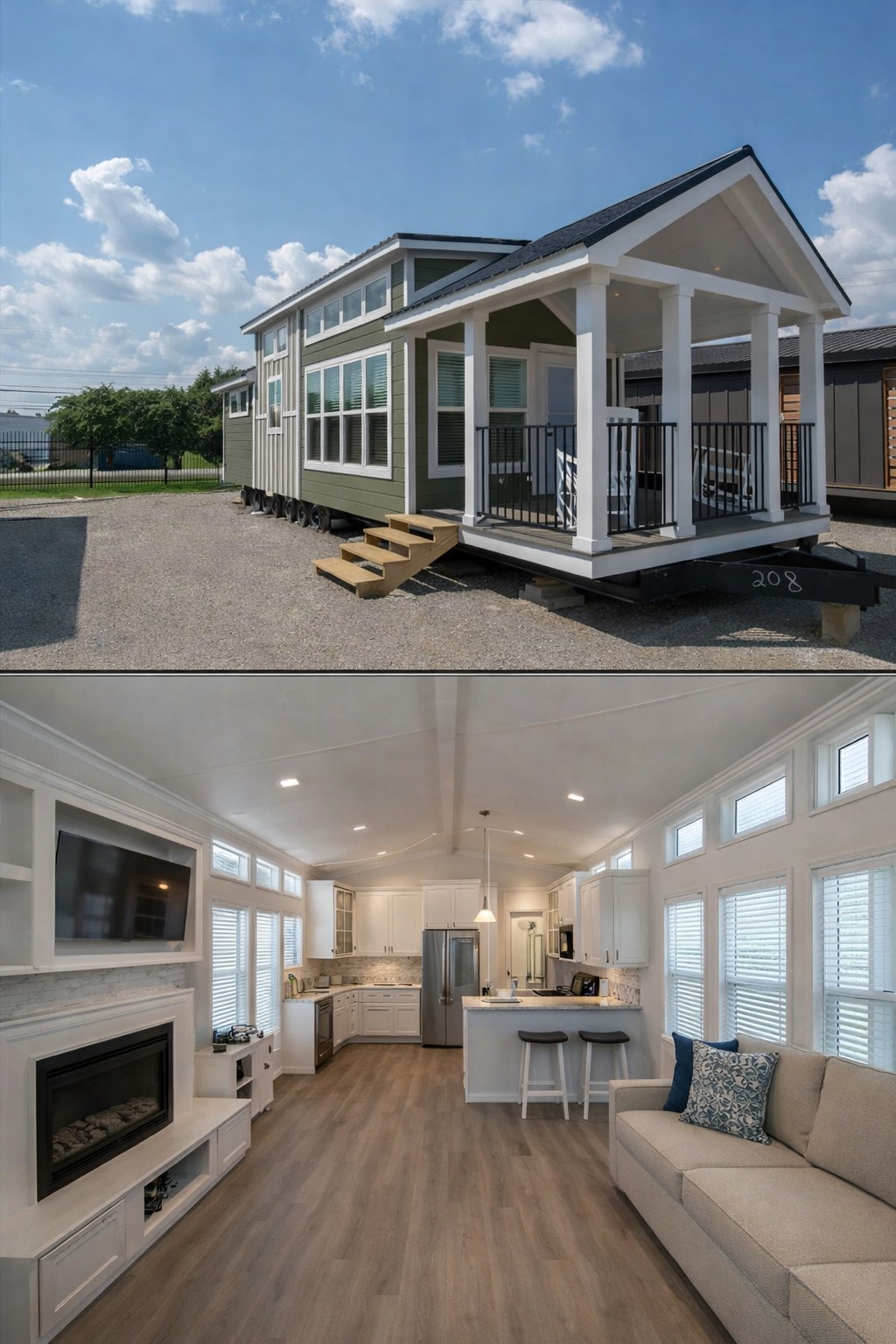A modern tiny house with green siding and white trim on a sunny day, featuring a cozy interior with a kitchenette, sofa, and fireplace, exuding warmth.