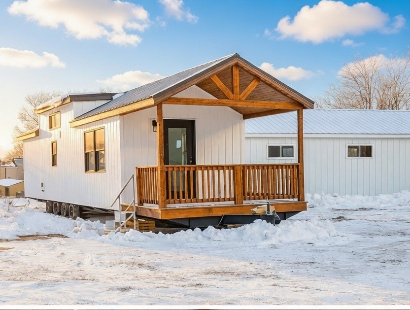 Modern luxury farmhouse-style park model tiny home featuring a crisp white board and batten exterior, a durable brown metal gabled roof, and a stunning integrated front porch with natural wood pillars and matching railings. The high-end architectural design showcases a multi-level roofline with energy-efficient windows, a portable multi-axle chassis for mobility, and a sophisticated minimalist aesthetic perfect for professional "full rank" SEO-optimized small-space living. This premium prefab unit is set in a serene snowy landscape, highlighting its all-season durability and making it an ideal choice for a custom-built vacation retreat, a stylish backyard accessory dwelling unit (ADU), or a luxury permanent residence with exceptional modern curb appeal.