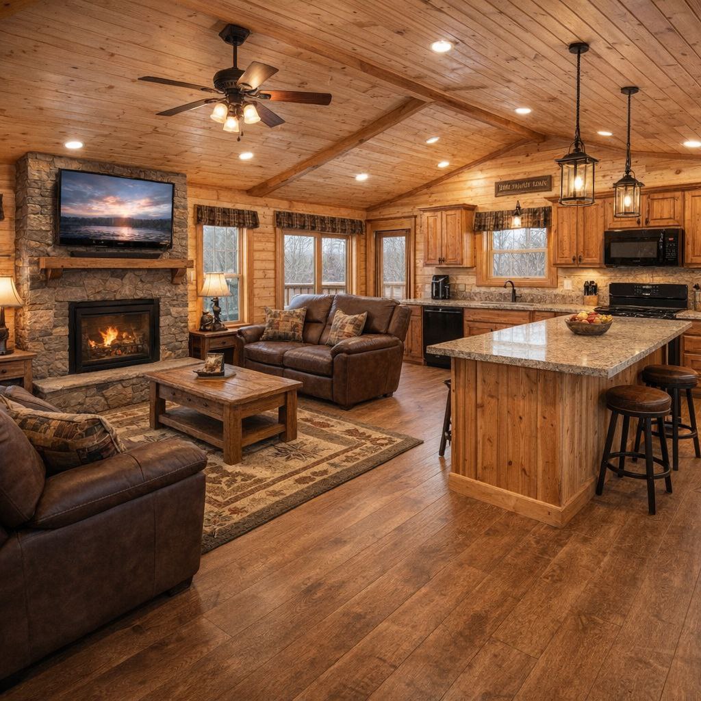 Cozy cabin interior with wood paneling, leather sofas, stone fireplace, and kitchen island. Warm lighting enhances the rustic, inviting atmosphere.