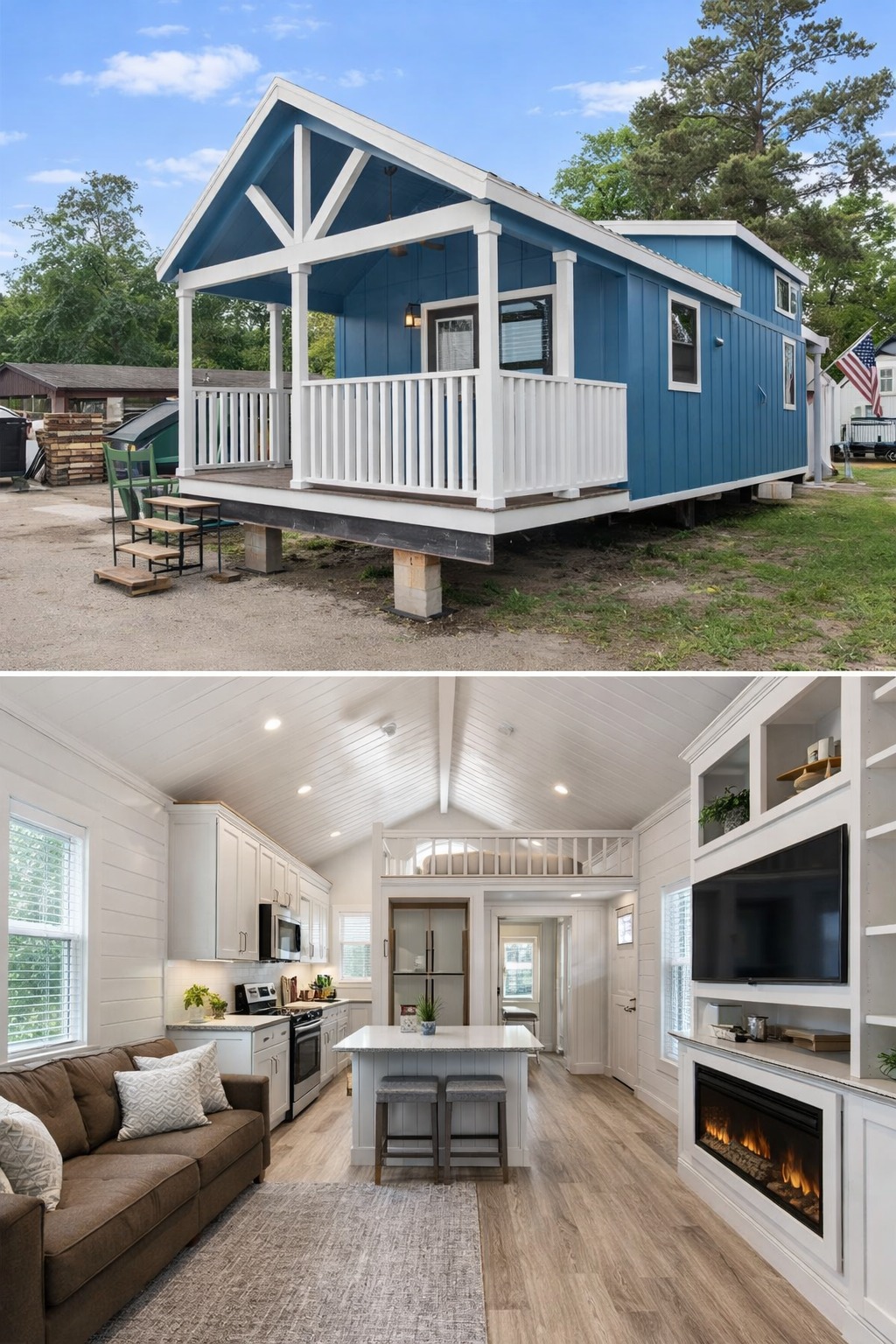 Alt text: "A blue tiny house with white trim and a covered porch, set on a grassy plot. The interior features a cozy living space with a brown sofa, a modern kitchen with white cabinets, an island, and a built-in fireplace beneath a wall-mounted TV, creating a warm, inviting atmosphere."