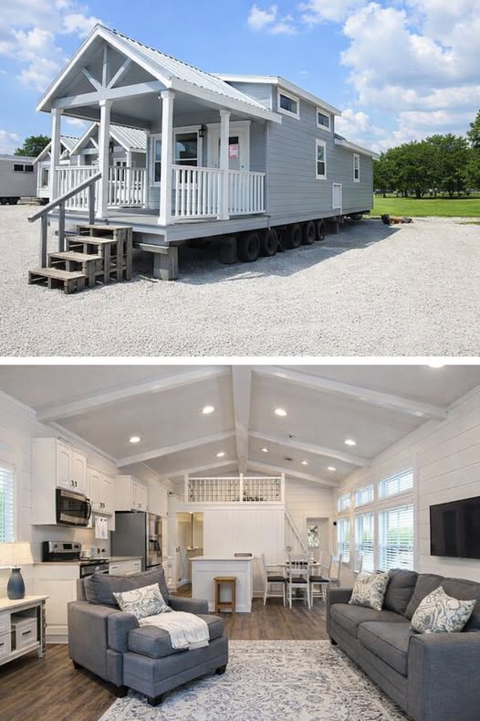 
Gemini said
Modern open-concept tiny home interior featuring a bright galley kitchen with white shaker cabinets, light oak butcher block countertops, a double-bowl farmhouse sink, and stainless steel appliances, transitioning seamlessly into a spacious living area with dark wood ceiling beams, neutral grey furniture, and high-end finishes, providing a cohesive and stylish transitional living space designed for luxury small-space living and modern home inspiration.