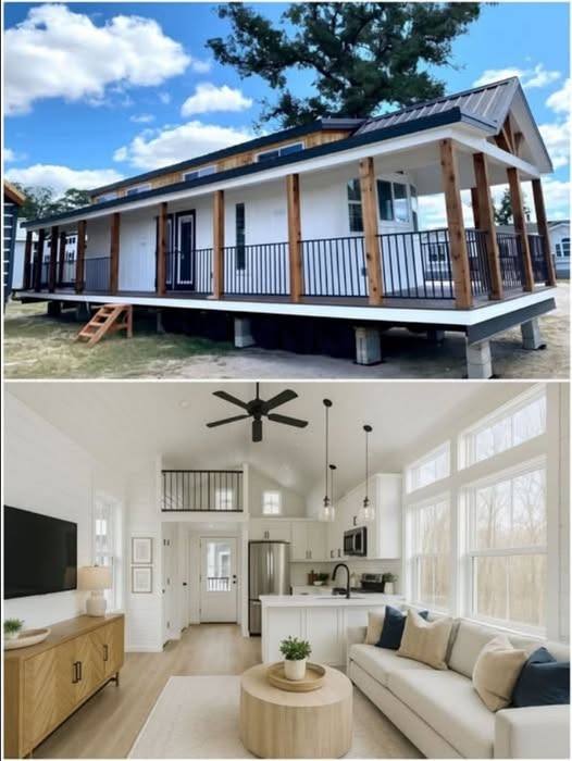 Modern luxury white farmhouse-style park model tiny home featuring an expansive wrap-around covered porch with natural wood pillars, black metal railings, and a matching metal gabled roof. The high-end architectural design showcases a clean white board and batten exterior with natural cedar accents along the roofline, large energy-efficient windows, and a sophisticated double-door entrance, while the interior transitions into a bright, airy open-concept living space with a plush cream sectional, vaulted ceilings, a minimalist gourmet kitchen with a white island, and a cozy loft area. This premium prefab unit offers a perfect "full rank" SEO-optimized small-space living solution, ideal for a custom-built vacation retreat, a stylish backyard accessory dwelling unit (ADU), or a professional luxury cabin residence with maximum natural light and indoor-outdoor flow.