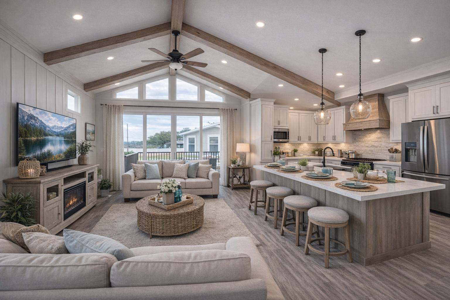 Modern luxury open-concept living area and kitchen in a sophisticated modular home featuring a high vaulted ceiling with rustic wood beams, a contemporary black ceiling fan, and premium wide-plank flooring. The bright, airy interior showcases a plush neutral sectional sofa, a built-in entertainment center with an electric fireplace, and a gourmet kitchen with a large marble-top island, elegant glass pendant lighting, and stainless steel appliances, all illuminated by expansive floor-to-ceiling windows and clerestory glass that highlight a high-end "full rank" SEO-optimized farmhouse aesthetic.