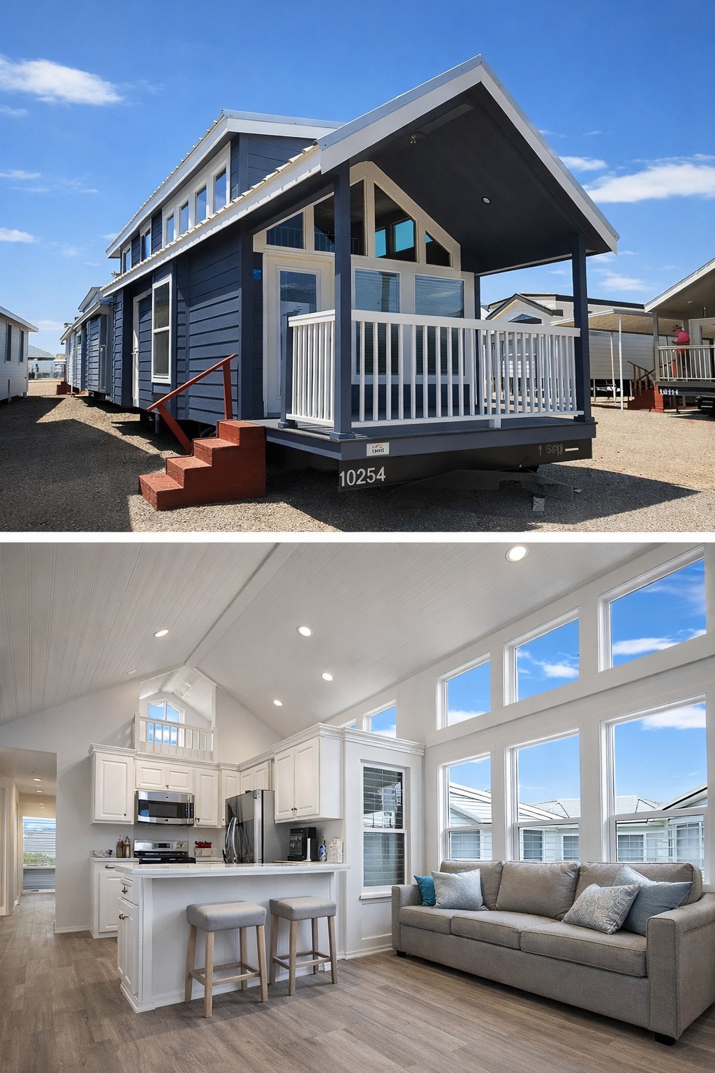 The image shows a two-part collage of a modern tiny house. The exterior features blue siding, white trim, a porch, and red steps. The bright interior has a vaulted ceiling, a cozy living area with a gray sofa, and a white kitchen with an island. Large windows provide ample natural light, creating an airy and inviting atmosphere.