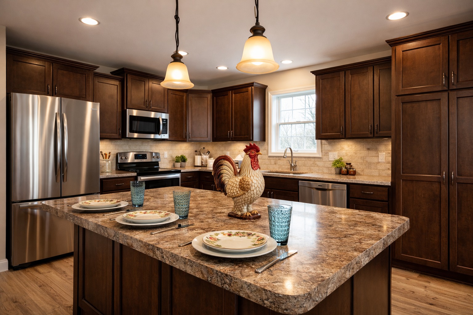 Warm kitchen with dark wood cabinets and stainless steel appliances. A marble island has place settings and a ceramic rooster, under soft pendant lights.