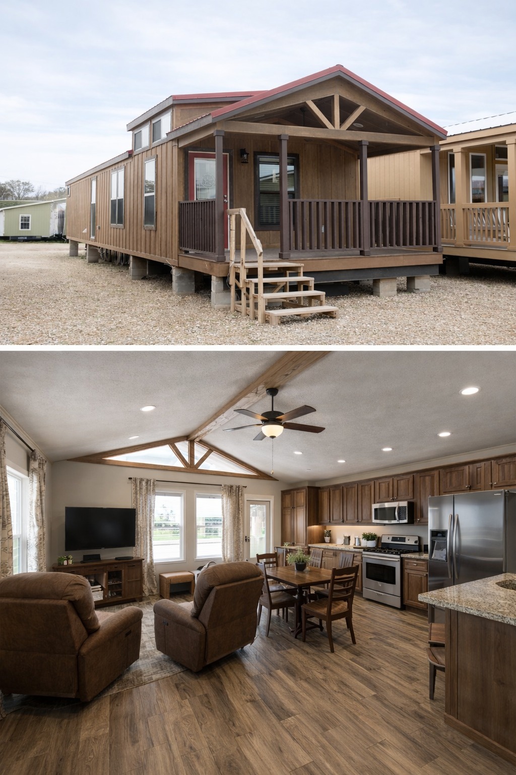 Alt text: A wooden mobile home with a porch sits on gravel. Inside, a cozy living area features warm wood tones, comfortable seating, and a modern kitchen.