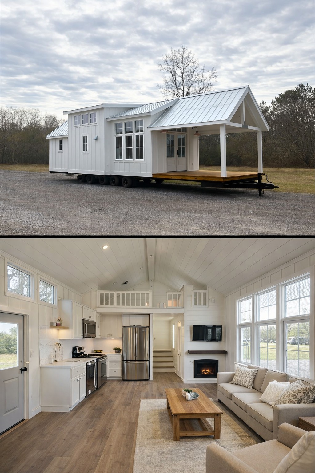 Luxury modern farmhouse tiny house on wheels featuring a crisp white board and batten exterior with a large covered front porch and metal roof, paired with a spacious interior showcasing a vaulted shiplap ceiling, open-concept kitchen with stainless steel appliances, a cozy living room with a fireplace and large windows, and a functional sleeping loft, perfect for upscale mobile living or a professional park model cottage retreat.