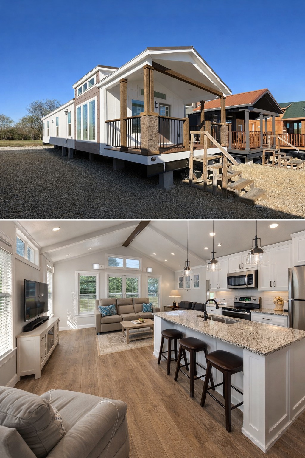 A modern manufactured home with a wooden porch under a clear blue sky. Interior features a cozy living room, spacious kitchen, and warm wooden floors.