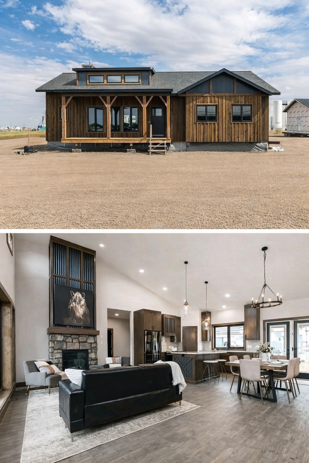 Rustic house exterior with wooden accents above a spacious, modern interior. Open-plan living area with a stone fireplace, cozy furniture, and elegant lighting.