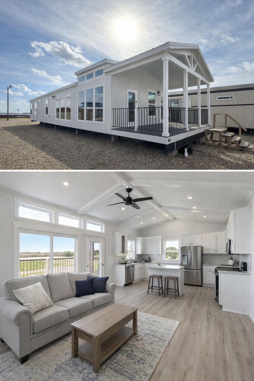 Modern single-story modular home with a white exterior and porch under a bright sky. Inside, an open-plan living space features a cozy sofa, light wood flooring, and a bright kitchen.