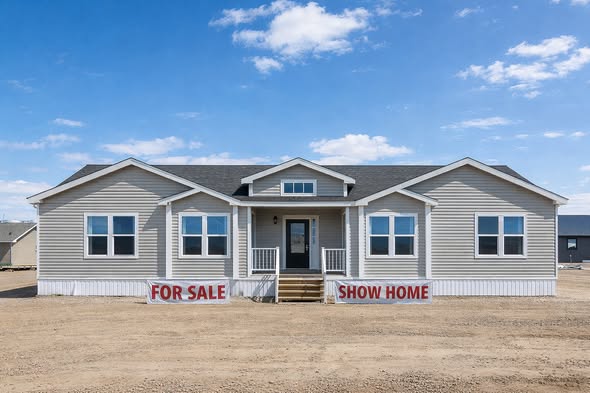 A beige manufactured home with a black roof sits on a dirt lot under a blue sky. Signs reading "For Sale" and "Show Home" are displayed in front.