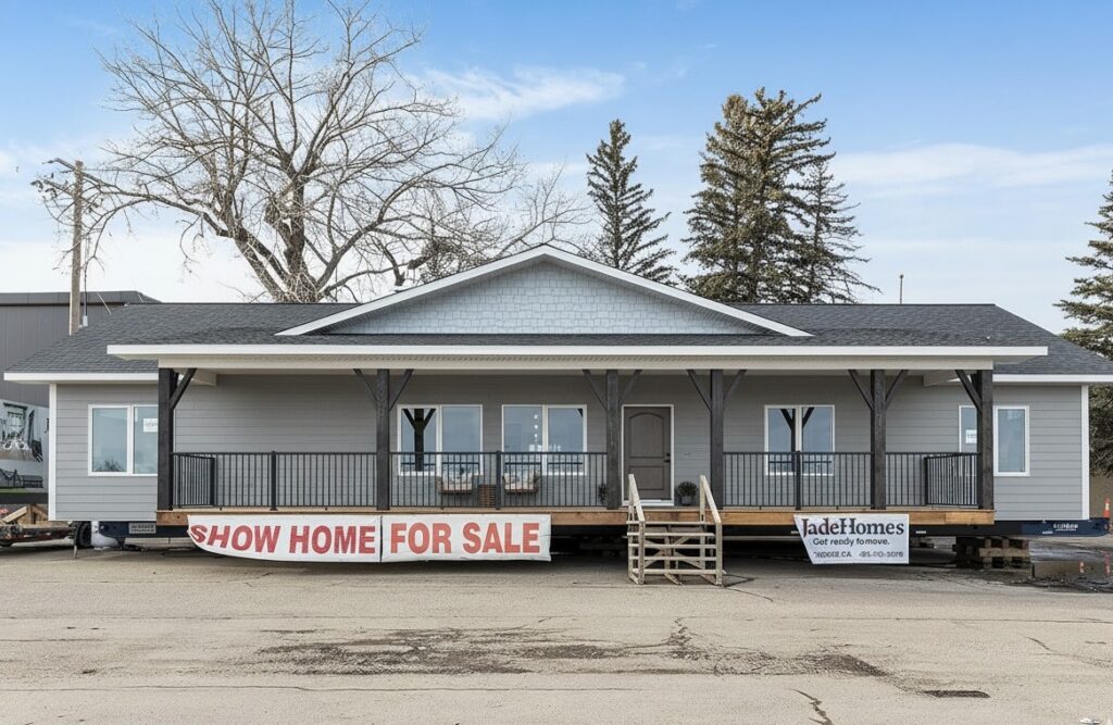 A single-story modular show home with gray siding is displayed for sale on a lot, featuring a wraparound porch and surrounded by leafless trees.