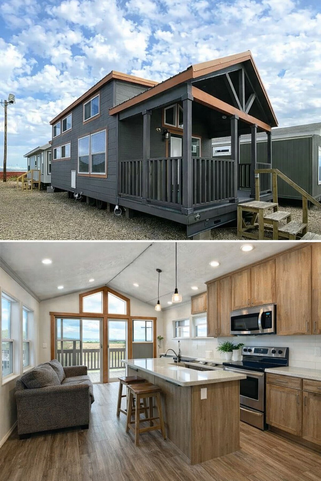 A modern tiny house exterior with a gabled roof and dark wood siding. Inside, an open layout with large windows, wood floors, and a cozy kitchen-living area.