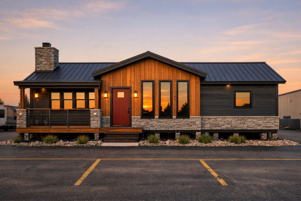 Modern house with a wooden exterior, large windows reflecting a sunset. Features a red door, stone accents, and a veranda with a warm, welcoming ambiance.