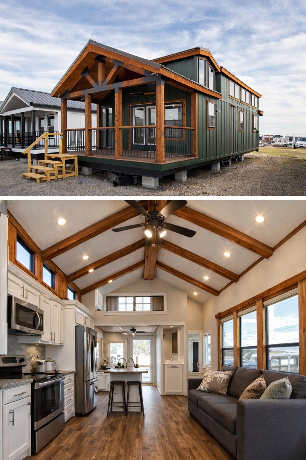 Two images of a tiny house: the exterior shows a rustic, green structure with a wooden porch, while the interior reveals a cozy space with a wooden ceiling, modern kitchen, and living area.