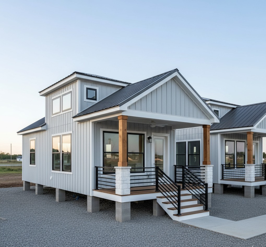 Gemini said Modern luxury tiny home exterior featuring light gray vertical board and batten siding, a dark metal gabled roof, and a welcoming front porch with cedar-stained wooden columns on white stone-wrapped pillars, showcasing a contemporary prefabricated cottage design with black-trimmed energy-efficient windows and elevated curb appeal for high-end modular housing.