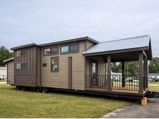 Modern tiny house on wheels with stylish horizontal wood paneling, metal gabled roof, multiple windows, covered porch with railings, elevated design, and mobile trailer foundation showcasing sustainable compact living and portable home architecture.