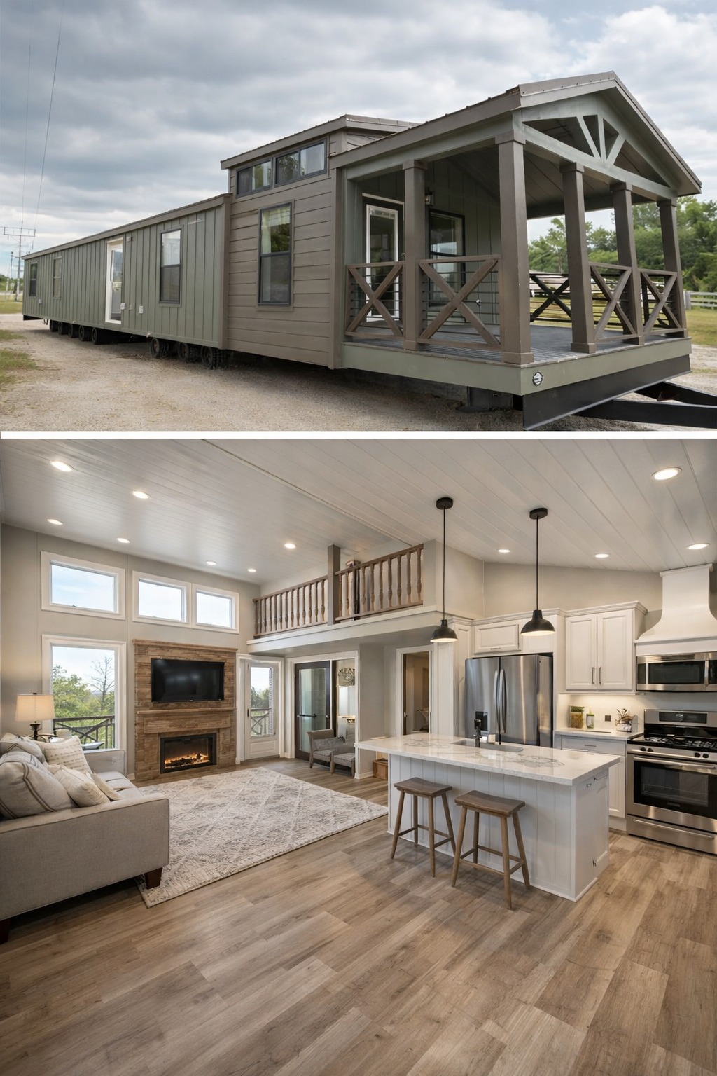 A modern tiny house features a wooden porch and sleek exterior. Inside, it has a cozy living area with a fireplace, kitchen, and loft with warm lighting.
