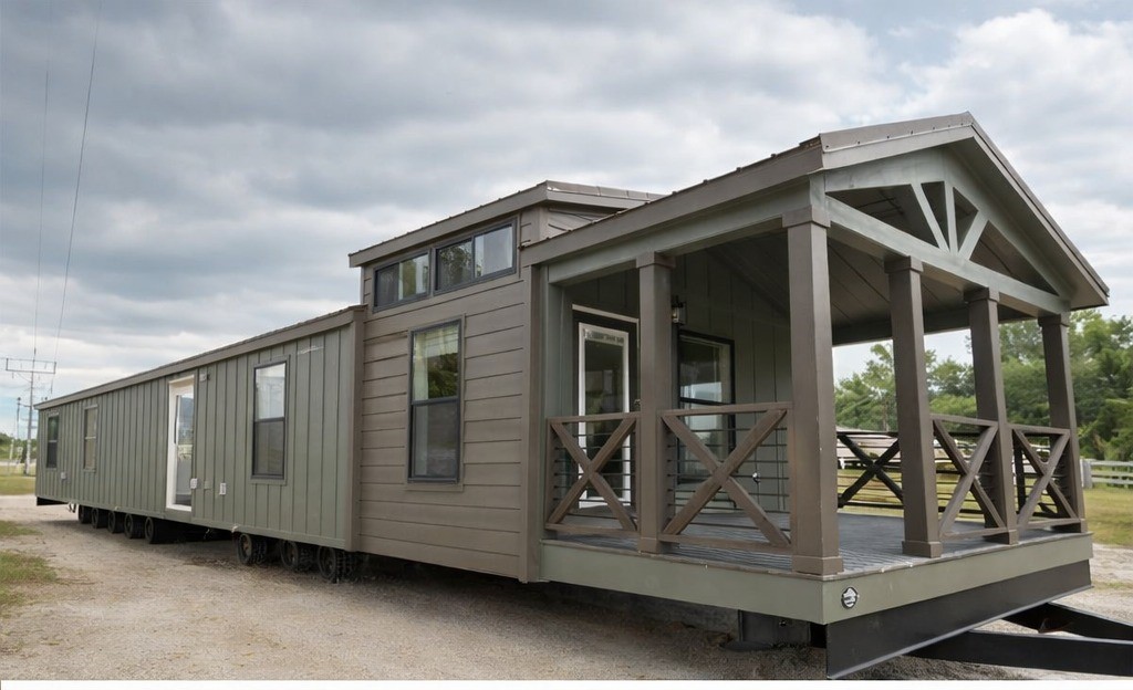 A long, modern tiny house with a rustic porch sits on a grassy field under a cloudy sky, conveying a serene and cozy atmosphere.