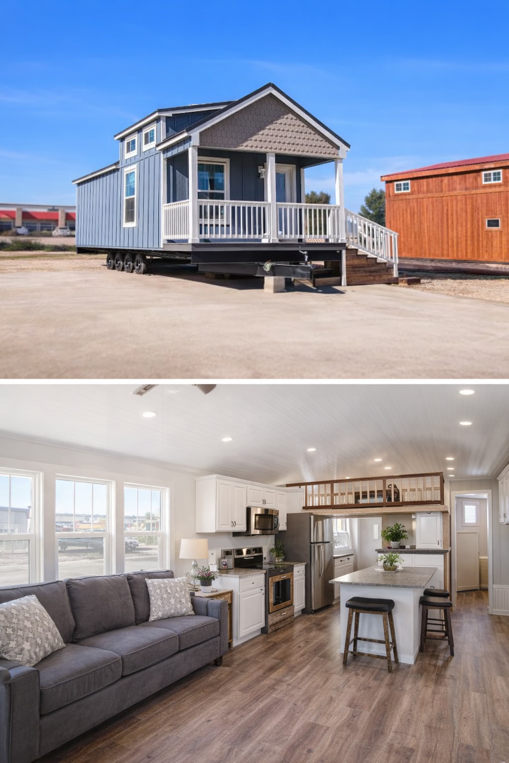 A blue tiny house with a white porch sits on a lot under a clear sky. The cozy interior features a modern kitchen, gray sofa, and bright windows.