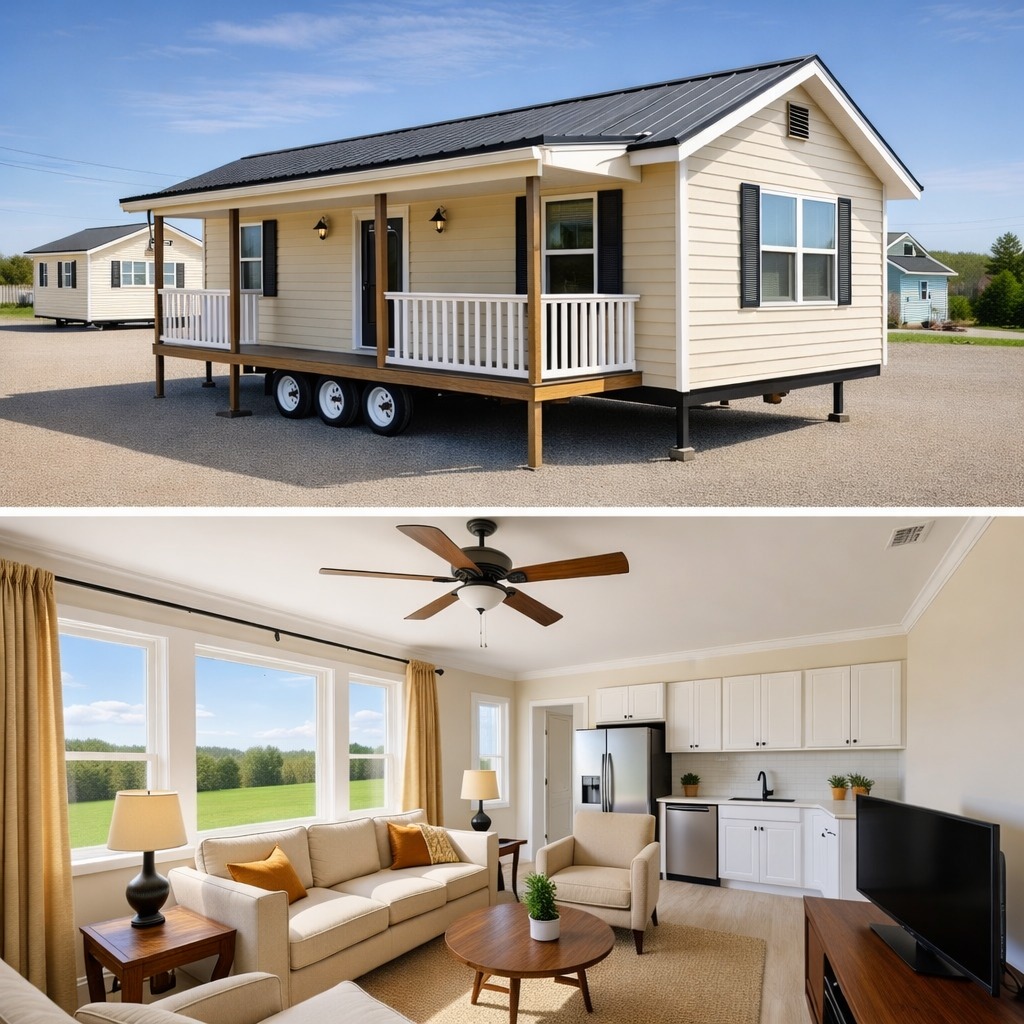A modern tiny house with yellow siding and black shutters, set on wheels. Inside, a cozy living room with a beige sofa, wooden furniture, and bright windows.