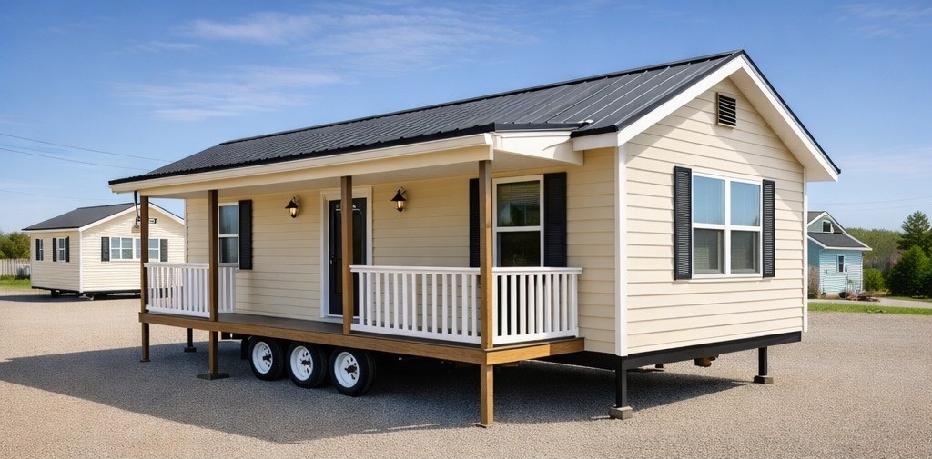 A beige tiny house with a black metal roof sits on a gravel lot. It features a small front porch with white railings and black shutters, creating a cozy and inviting appearance.