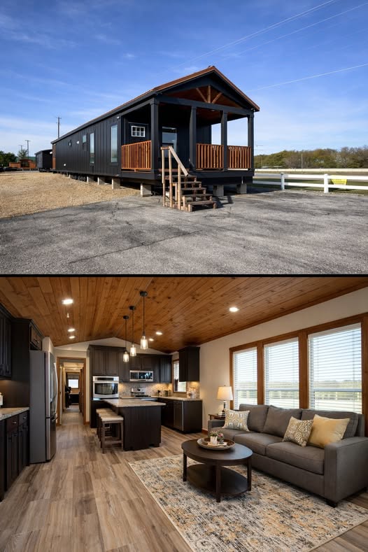 Modern tiny home with dark exterior and wooden porch. The cozy interior features a kitchen, living room with couch, warm lighting, and wooden accents.