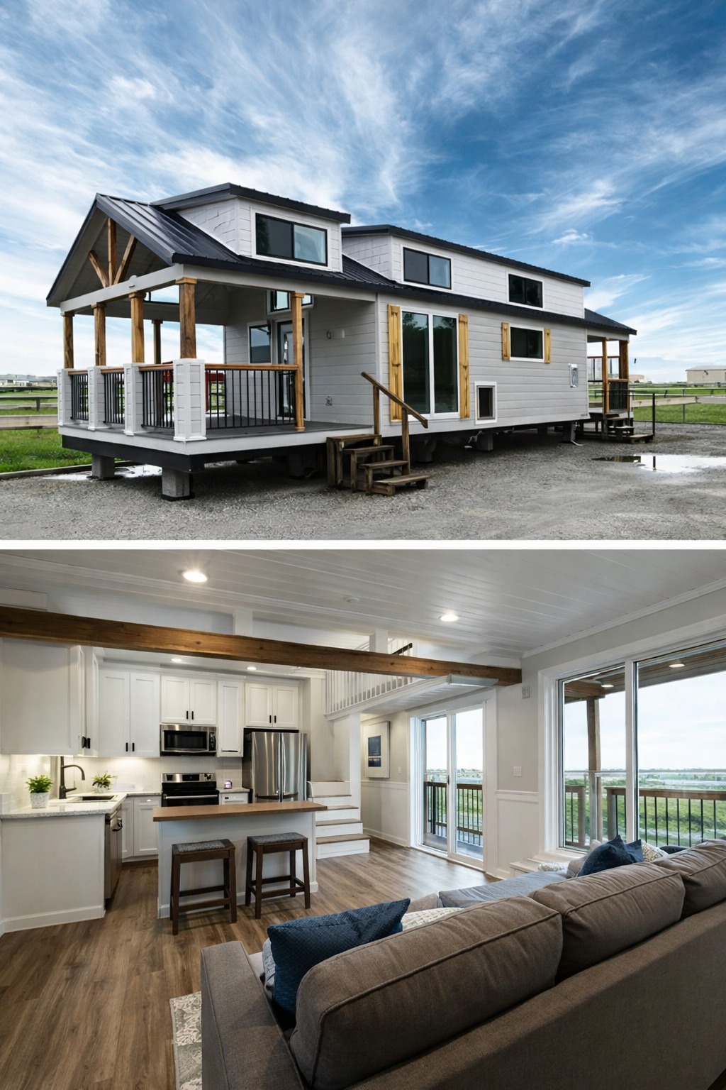 A modern, light gray tiny house on wheels with a black metal roof, a covered front porch featuring wooden beams and black railings, large windows, and wooden shutters, set against a dramatic sky with wispy clouds, complemented by an interior view showcasing a sleek white kitchen with stainless steel appliances, a breakfast bar with stools, a spacious living area with a comfortable sectional sofa, and large sliding glass doors opening to a scenic view, highlighting the efficient and stylish design of this compact mobile home.