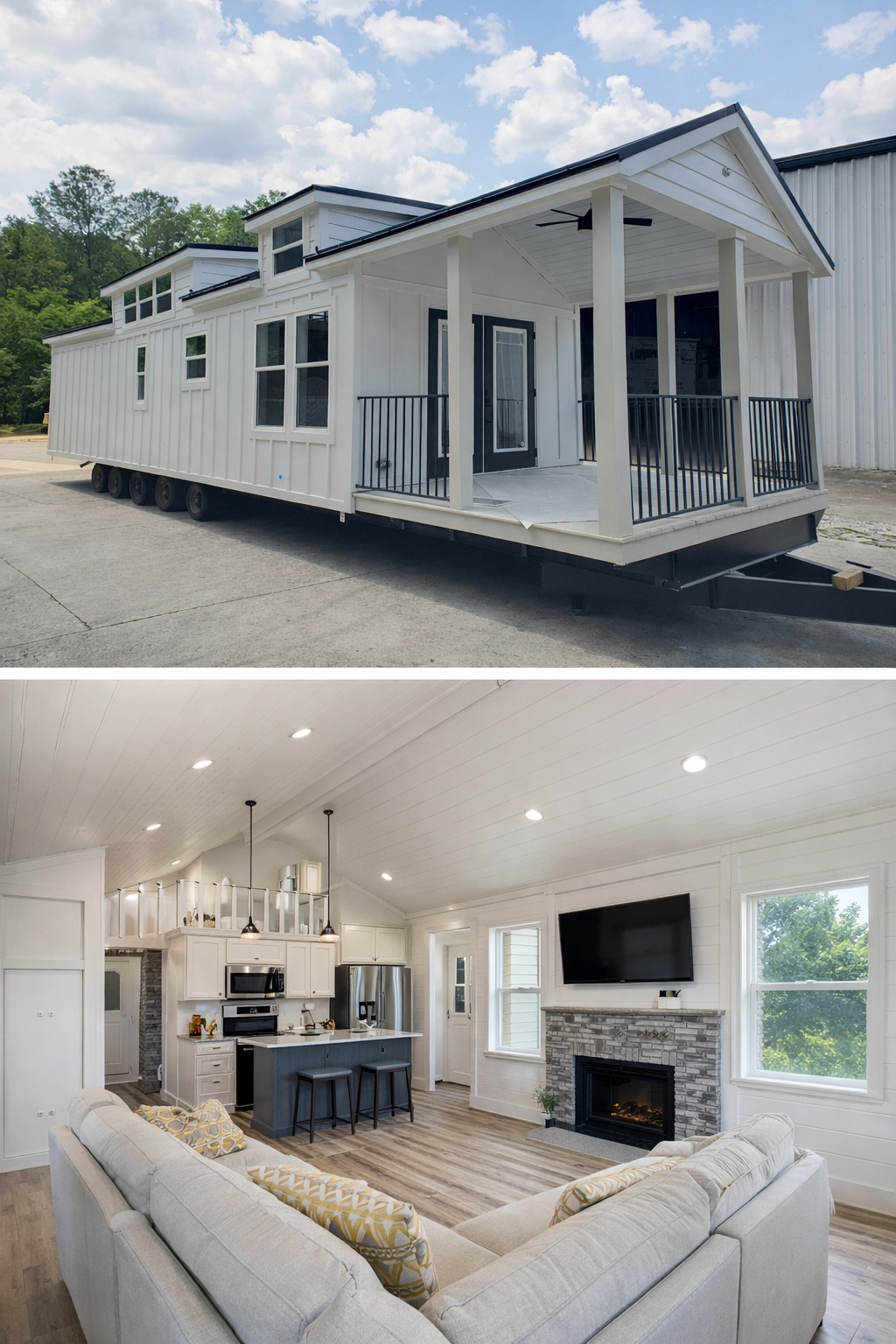 Exterior view of a sleek white modern tiny house on wheels with a charming covered porch and black railings, complemented by an interior showcasing a spacious open-plan living area featuring a gourmet U-shaped kitchen with a stylish gray island, a comfortable sectional sofa, and a cozy stone fireplace, all bathed in natural light and illuminated by contemporary recessed lighting.